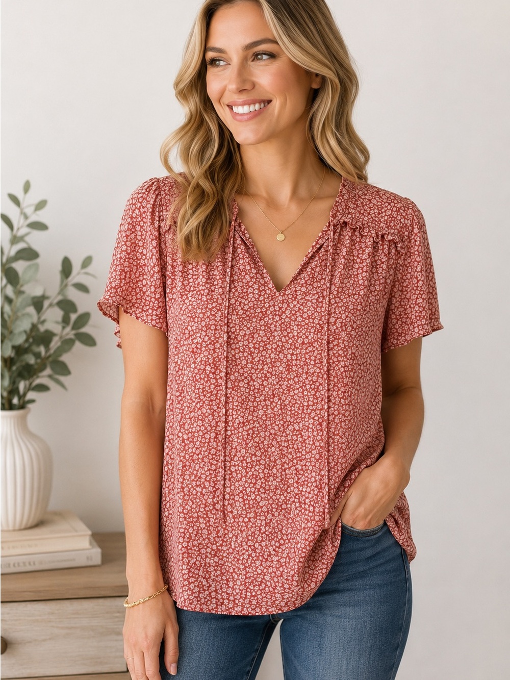 everleigh Dusty Rose Floral Tie-Front V-Neck Short Flutter Sleeve Blouse Size L